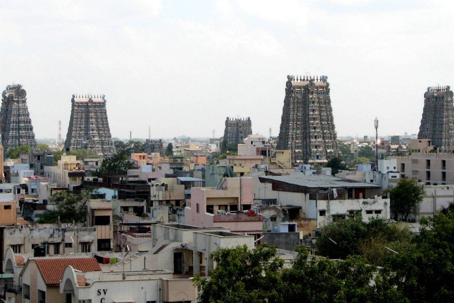 Madurai: Madurai and view of the gopurams of Meenakshi temple, State of Tamil Nadu, India